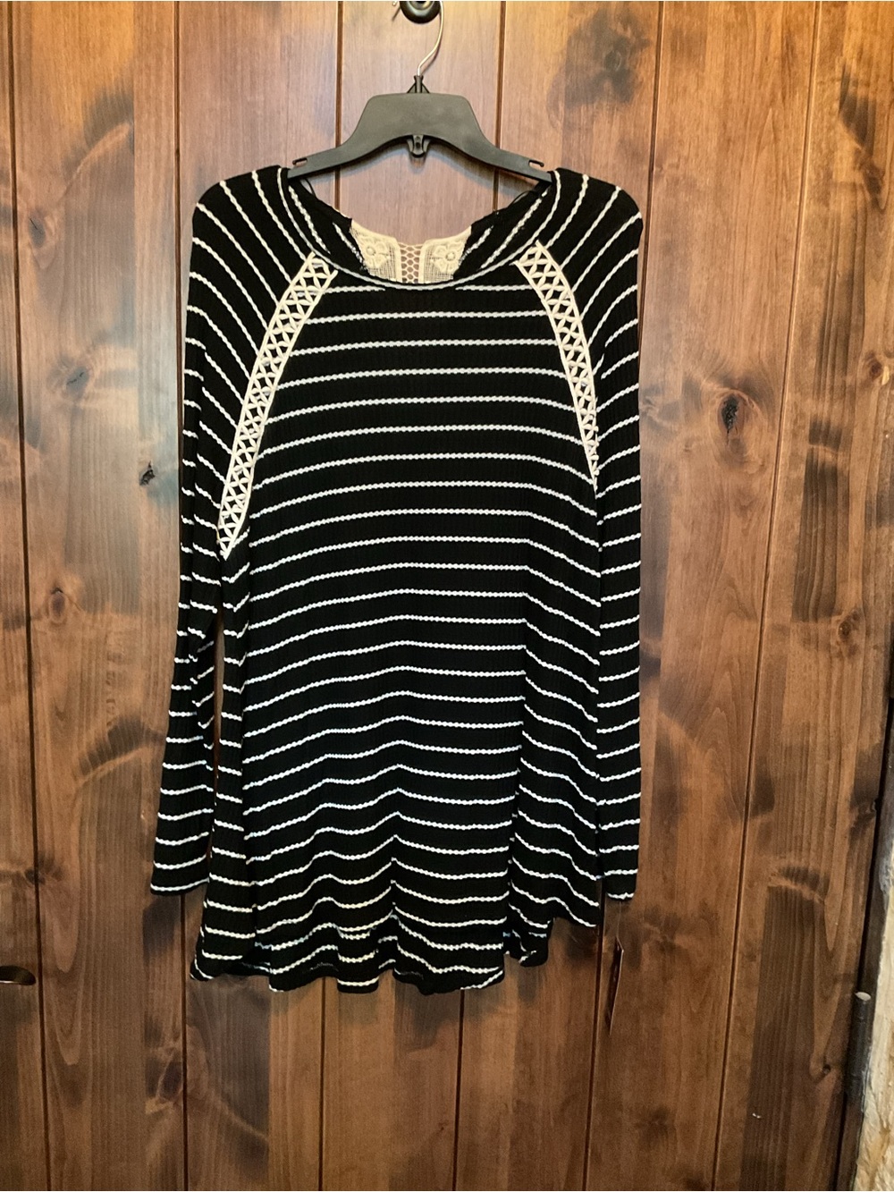 Style & Co. Black Striped Long-Sleeve Top with Lace Trim